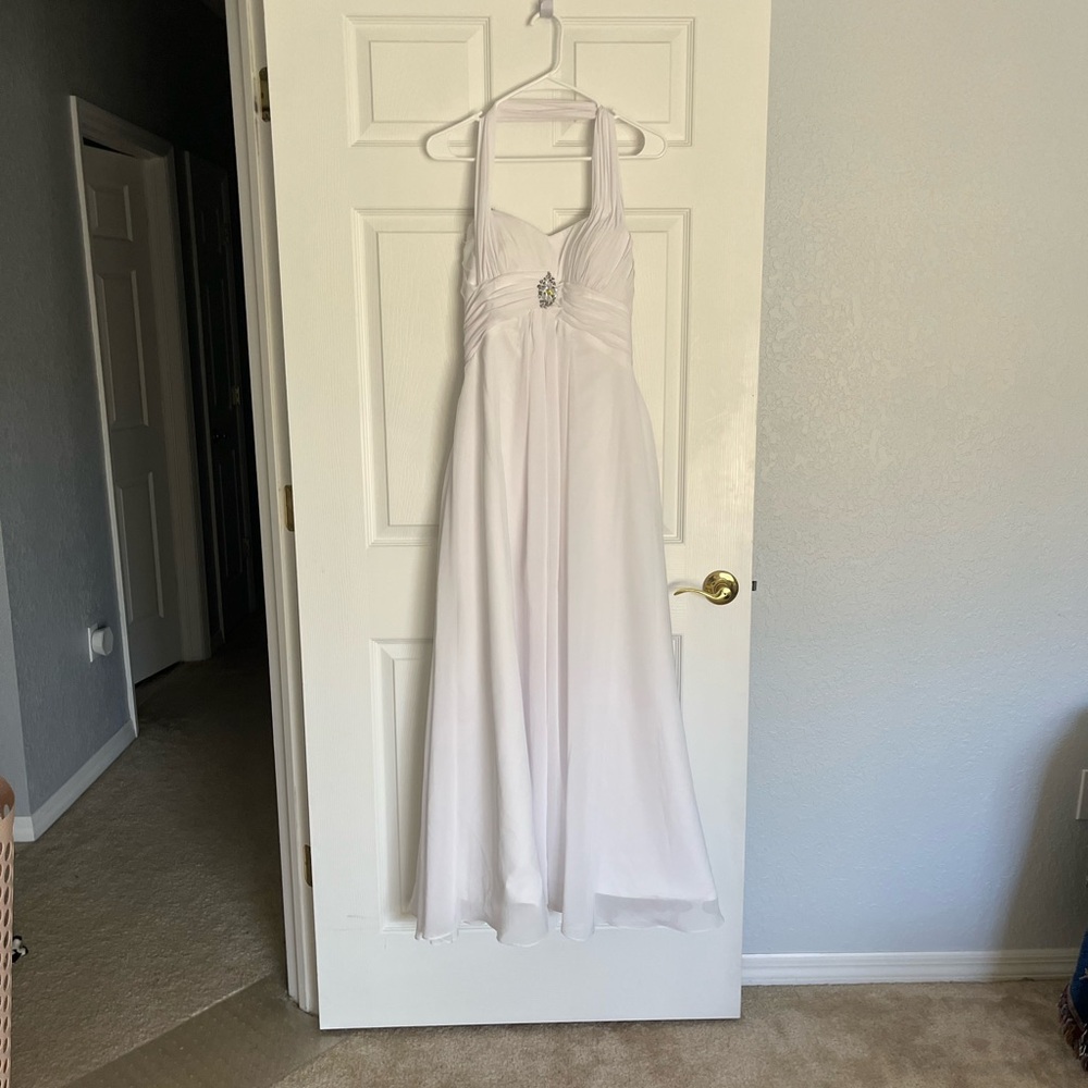 White bridal formal dress with beaded design, halter neck and zip back
